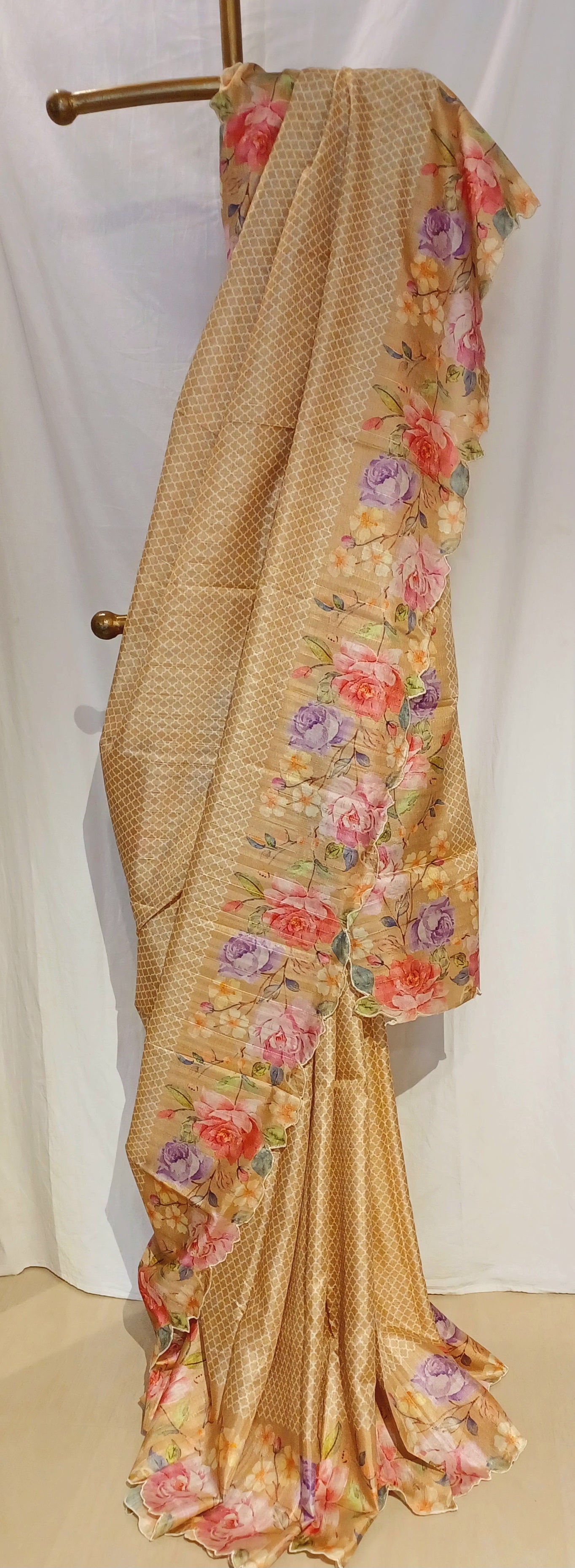 Dull Yellow semi Tussar silk saree in digital prints and scallop border