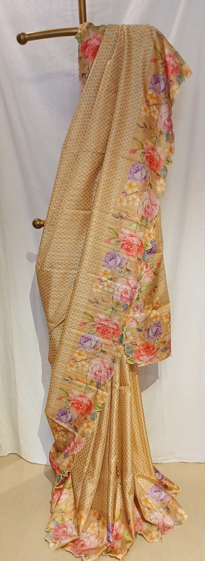 Dull Yellow semi Tussar silk saree in digital prints and scallop border