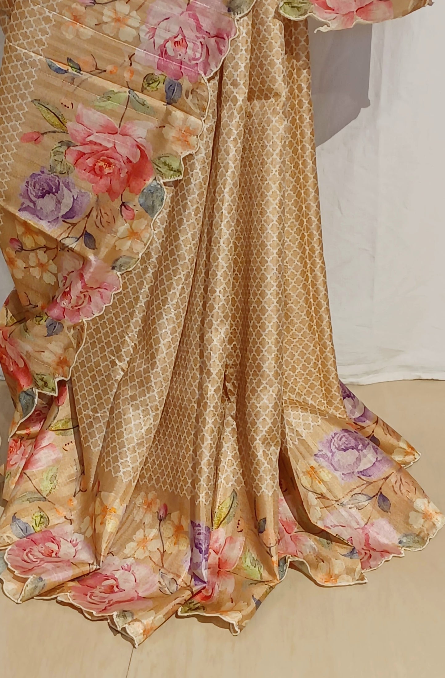 Dull Yellow semi Tussar silk saree in digital prints and scallop border