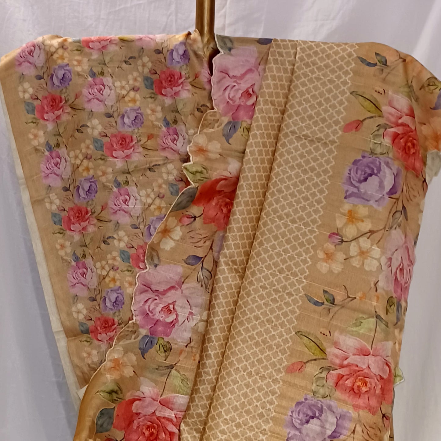 Dull Yellow semi Tussar silk saree in digital prints and scallop border