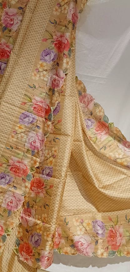 Dull Yellow semi Tussar silk saree in digital prints and scallop border