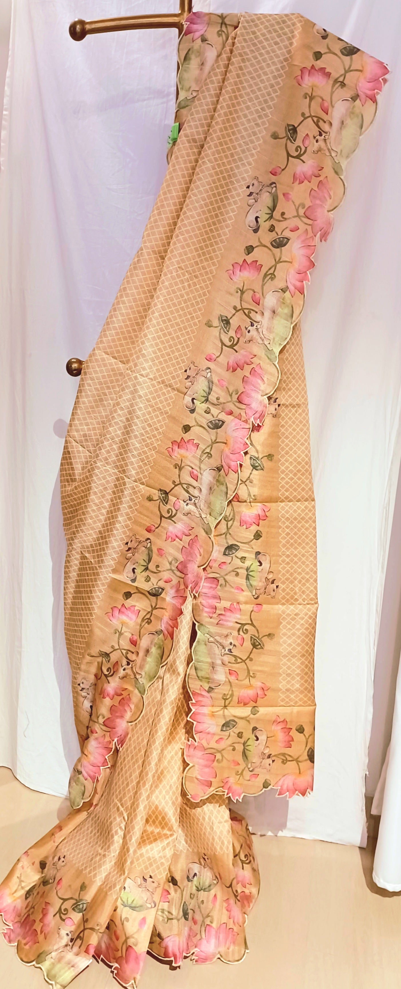 Dull Yellow semi Tussar silk saree in digital prints and scallop border