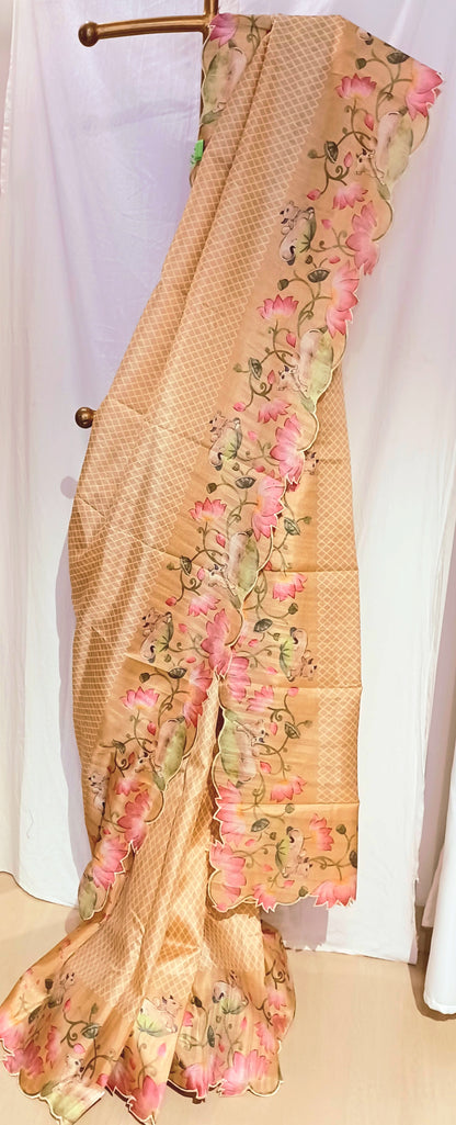 Dull Yellow semi Tussar silk saree in digital prints and scallop border