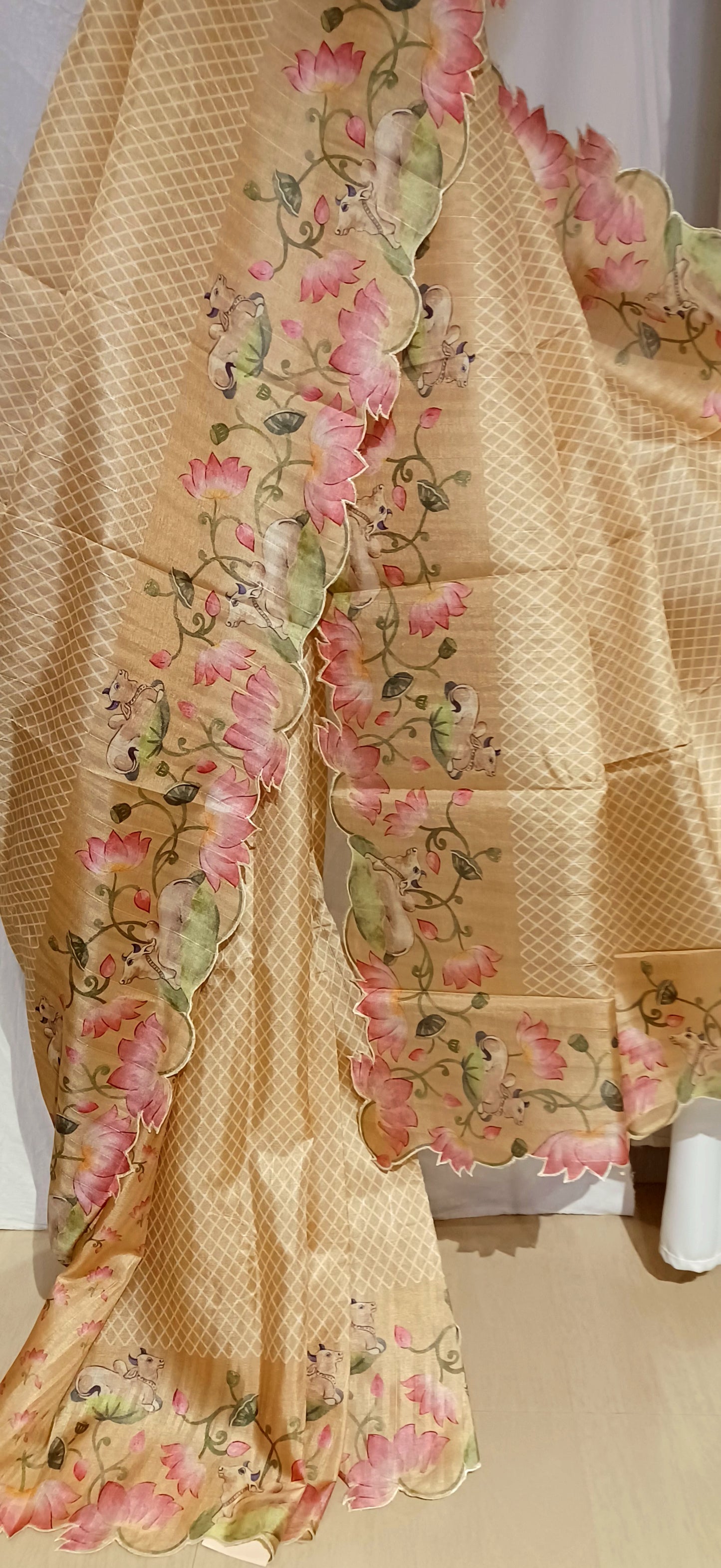 Dull Yellow semi Tussar silk saree in digital prints and scallop border