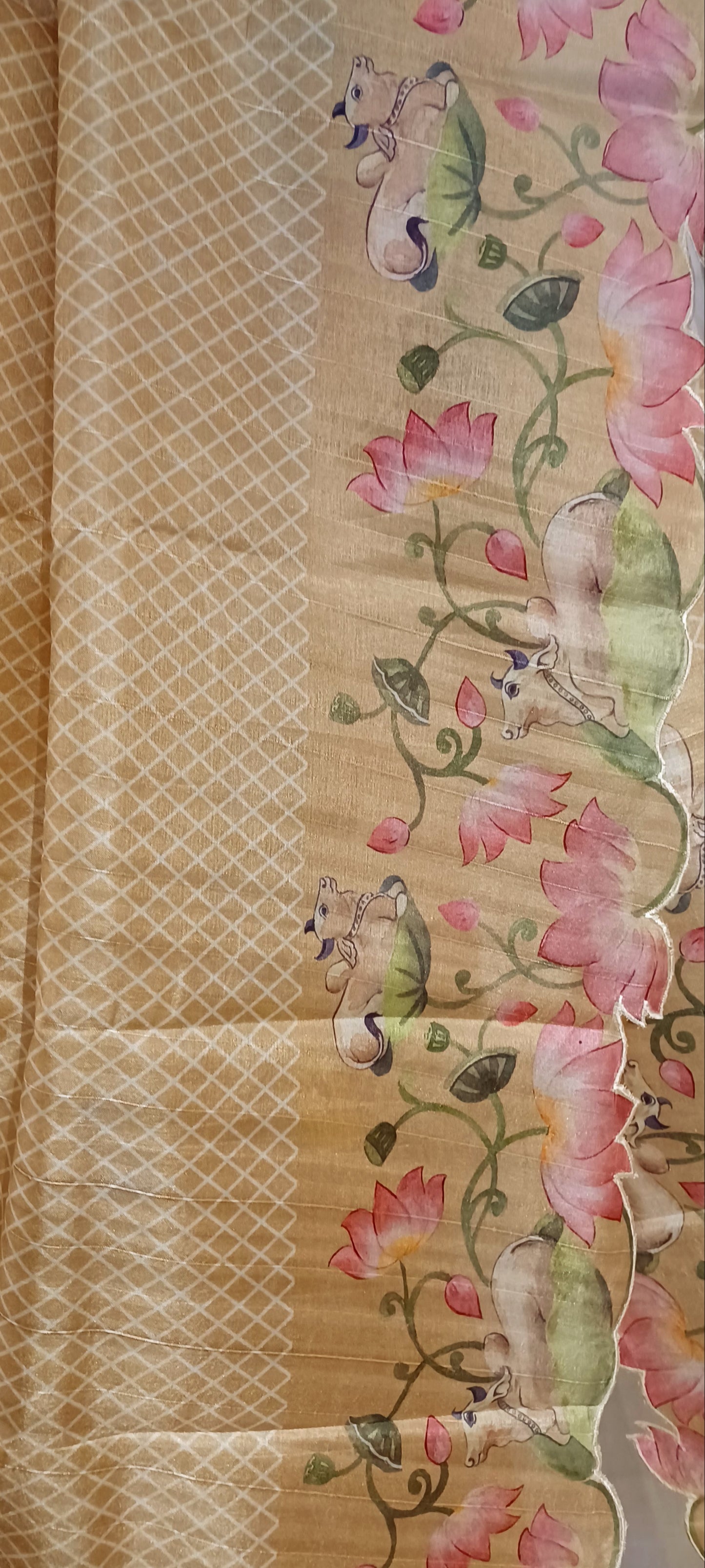 Dull Yellow semi Tussar silk saree in digital prints and scallop border