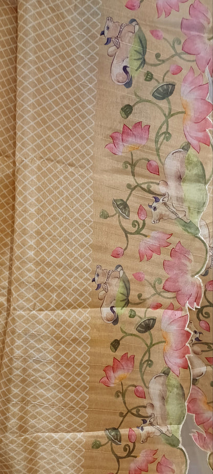 Dull Yellow semi Tussar silk saree in digital prints and scallop border