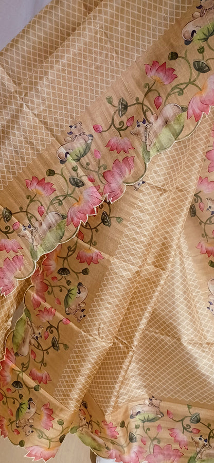 Dull Yellow semi Tussar silk saree in digital prints and scallop border