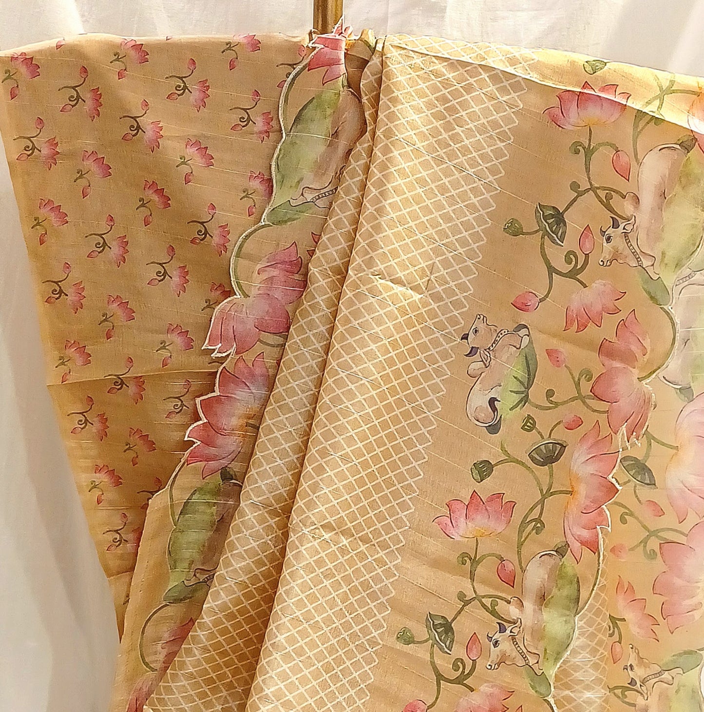 Dull Yellow semi Tussar silk saree in digital prints and scallop border