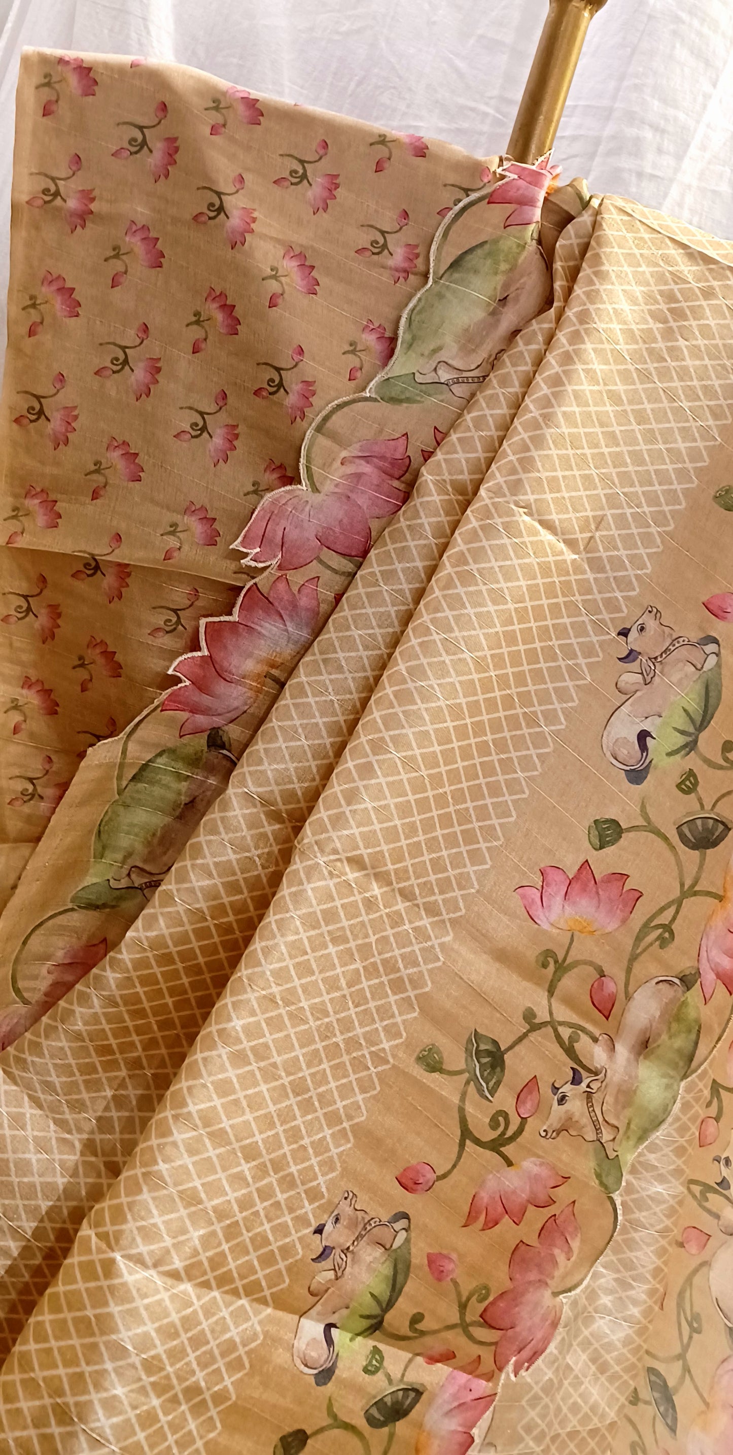 Dull Yellow semi Tussar silk saree in digital prints and scallop border