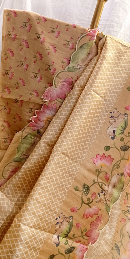 Dull Yellow semi Tussar silk saree in digital prints and scallop border
