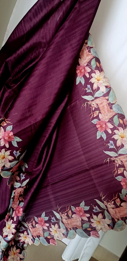 Wine Purple semi Tussar silk saree in digital prints and scallop border
