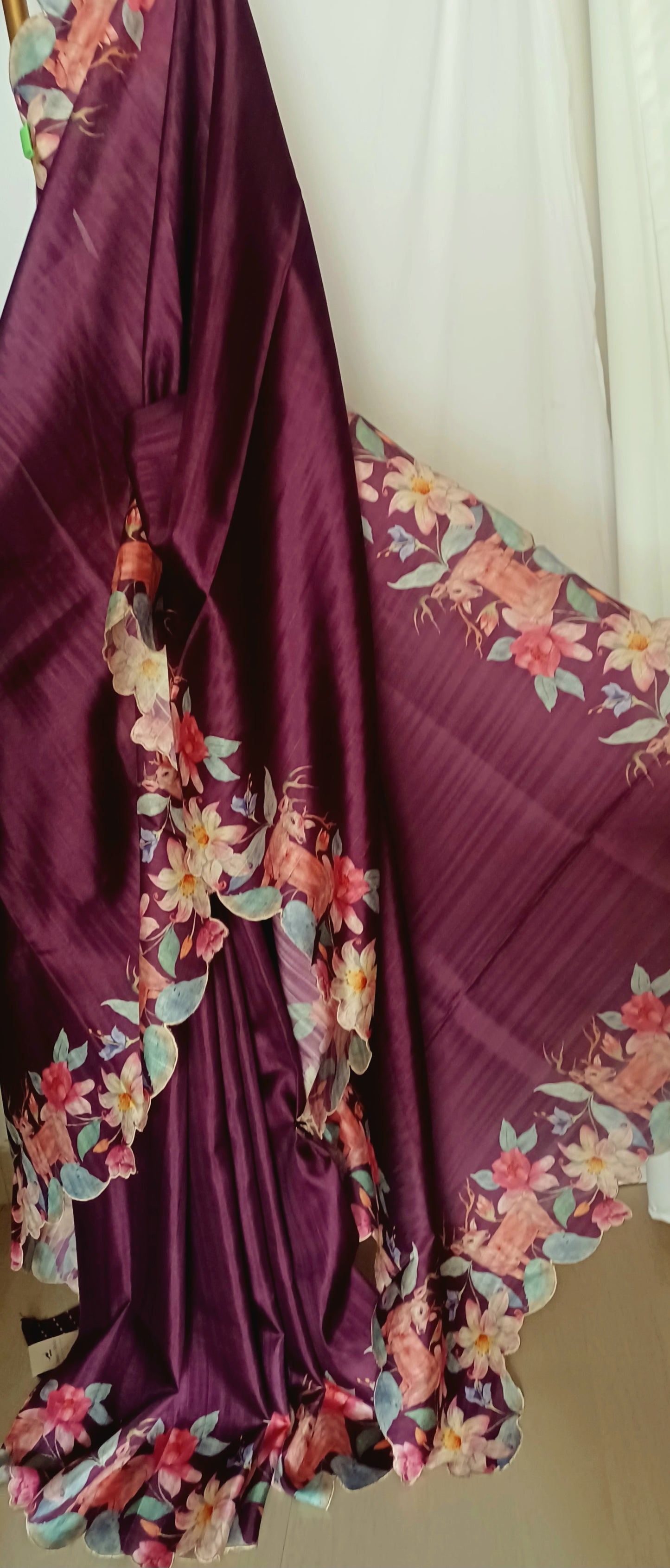 Wine Purple semi Tussar silk saree in digital prints and scallop border