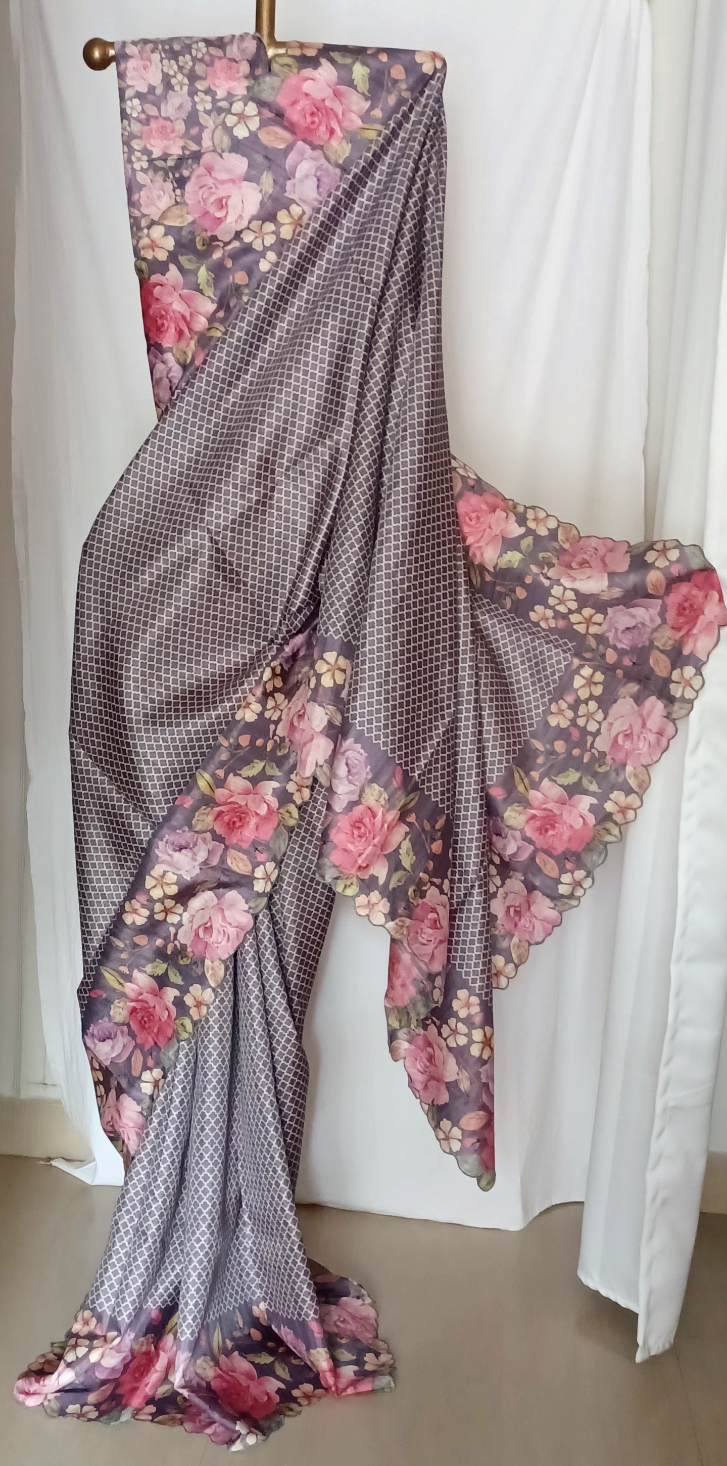 Purplish Grey semi Tussar silk saree in digital prints and scallop border