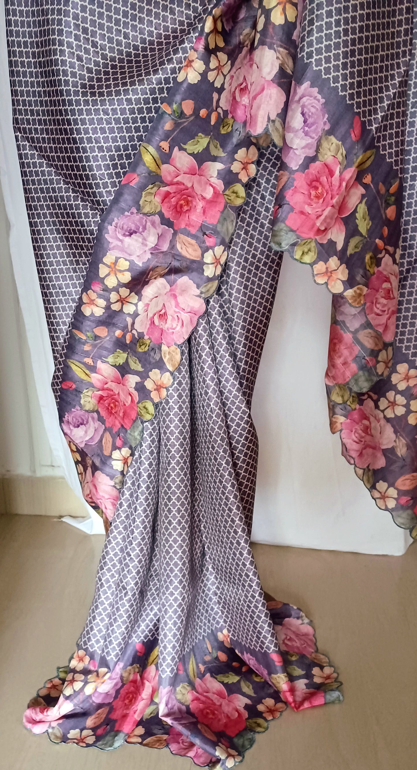 Purplish Grey semi Tussar silk saree in digital prints and scallop border