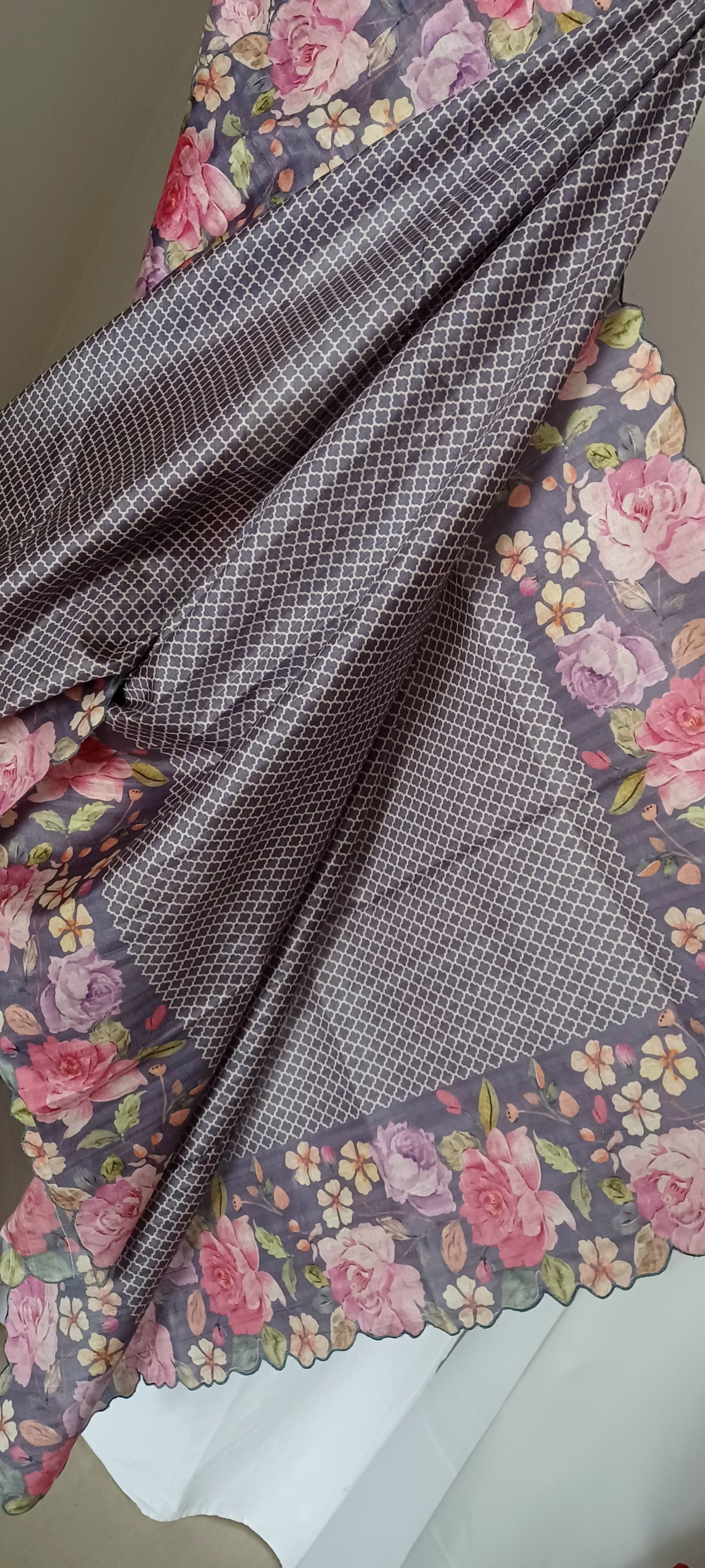 Purplish Grey semi Tussar silk saree in digital prints and scallop border