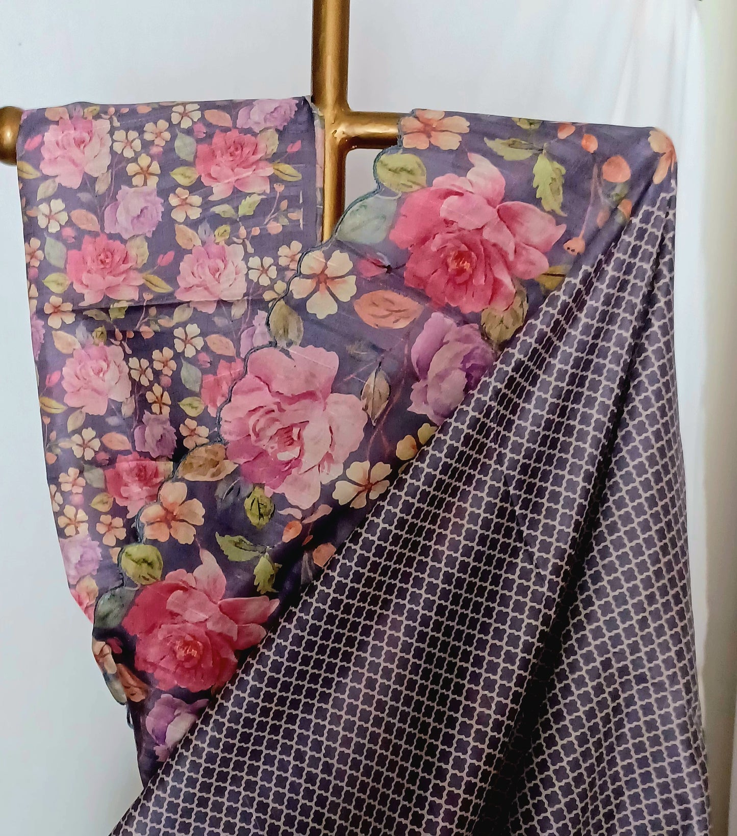 Purplish Grey semi Tussar silk saree in digital prints and scallop border