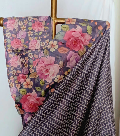 Purplish Grey semi Tussar silk saree in digital prints and scallop border