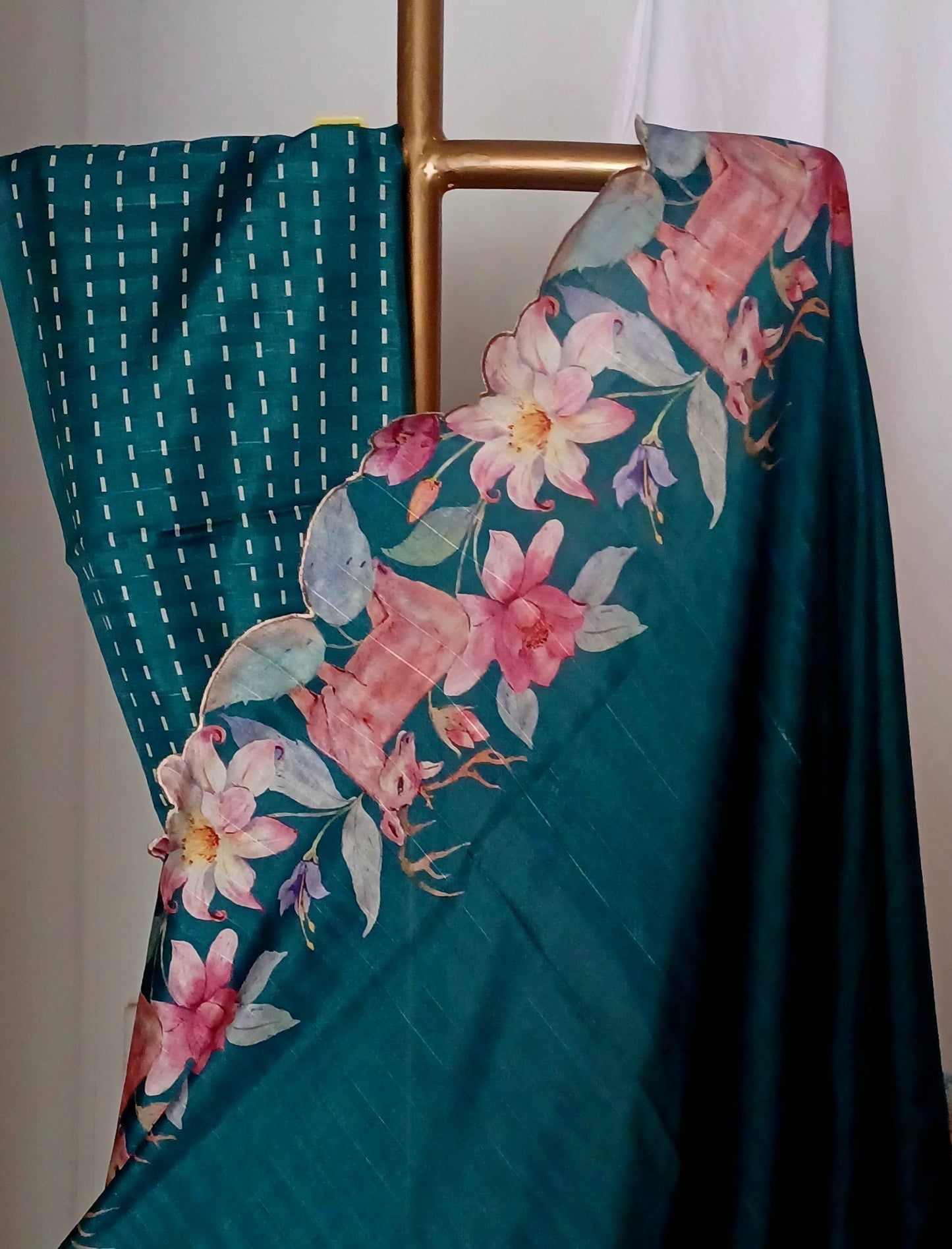 Dark Green semi Tussar silk saree in digital prints and scallop border
