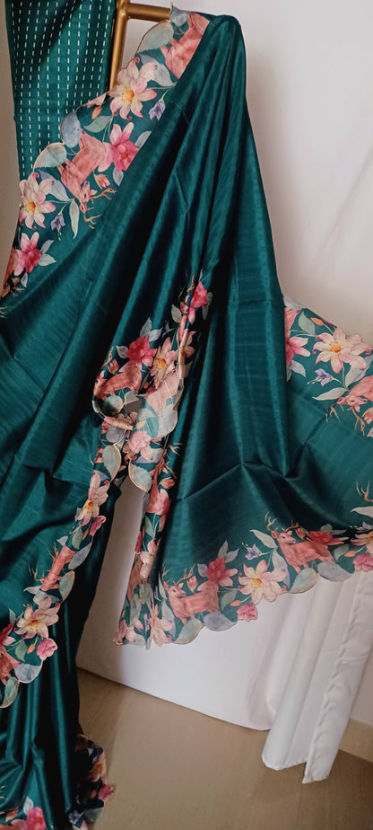 Dark Green semi Tussar silk saree in digital prints and scallop border