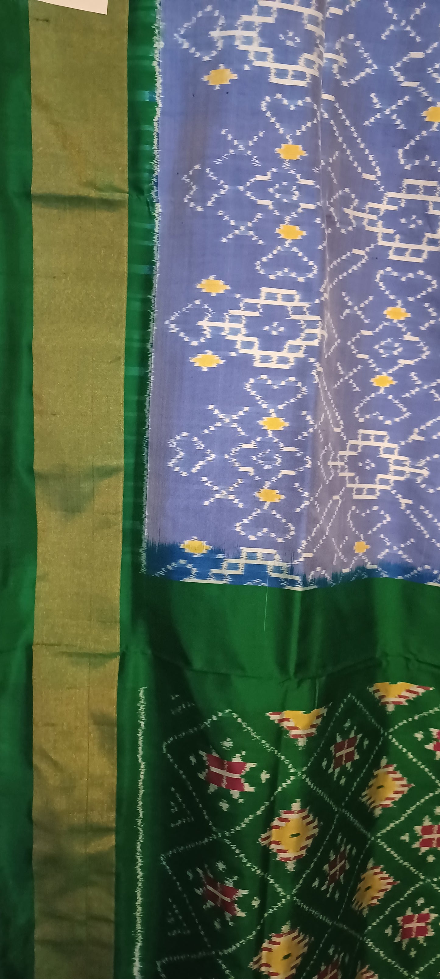 Lavendar Blue with Dark Green border Pochampally Ikkat Tie and Dye Pure silk Saree