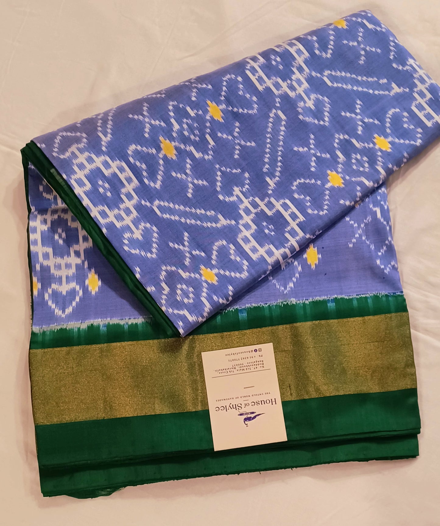 Lavendar Blue with Dark Green border Pochampally Ikkat Tie and Dye Pure silk Saree
