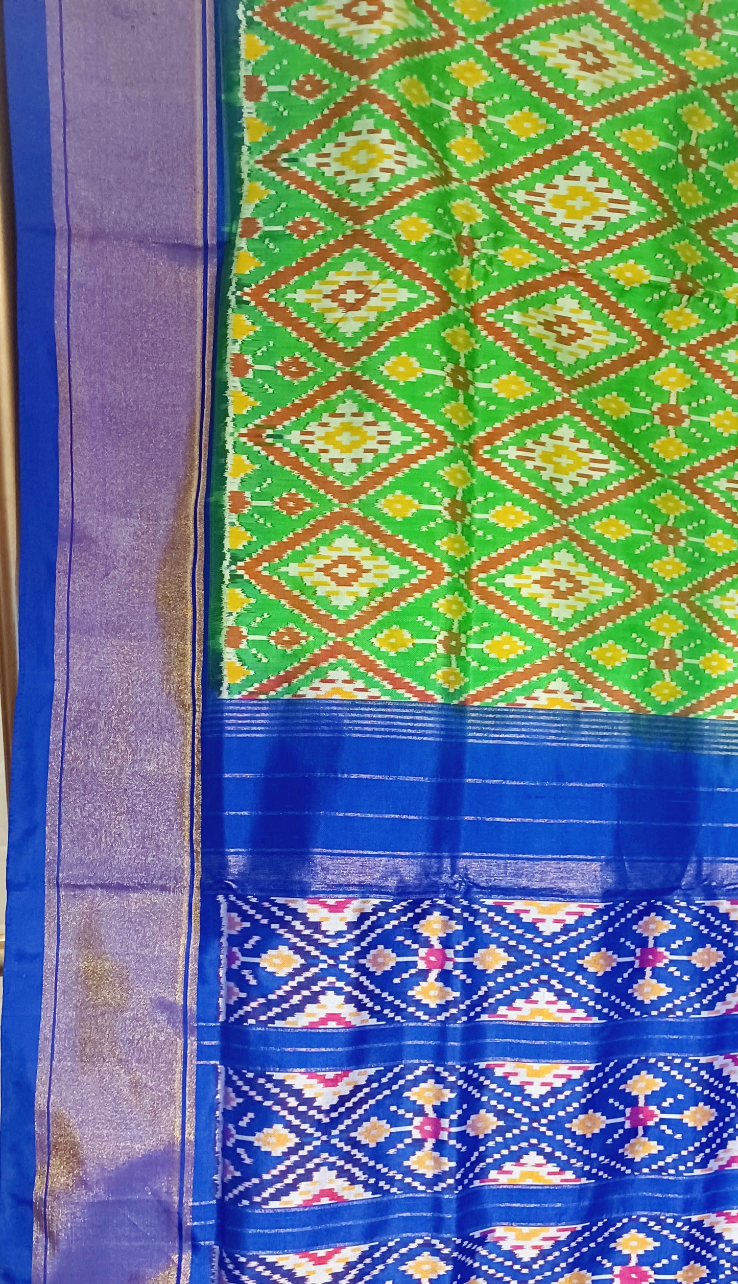 Parrot Green with Dark Blue border Pochampally Ikkat Tie and Dye Pure silk Saree