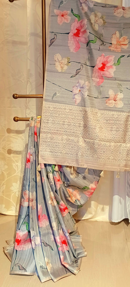 Grey semi Tussar silk saree in digital print