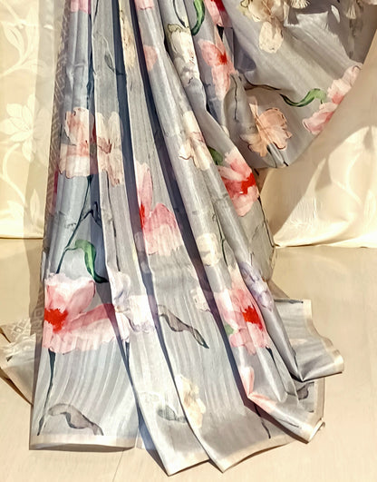 Grey semi Tussar silk saree in digital print