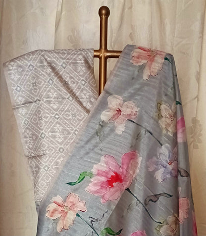 Grey semi Tussar silk saree in digital print