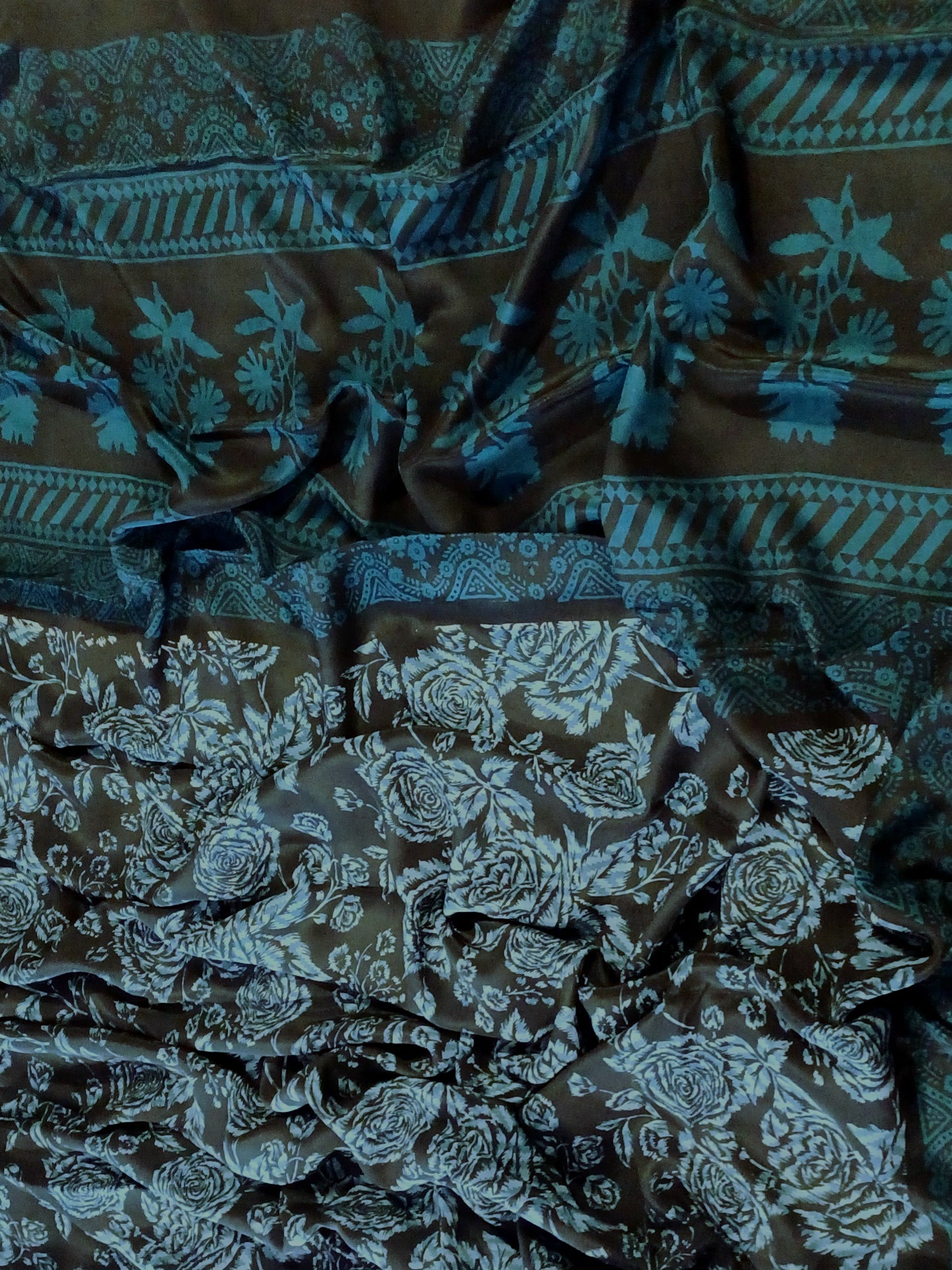 Black with Blue grey floral printed Pure Crepe Silk Saree