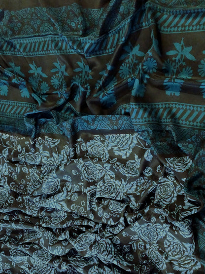Black with Blue grey floral printed Pure Crepe Silk Saree