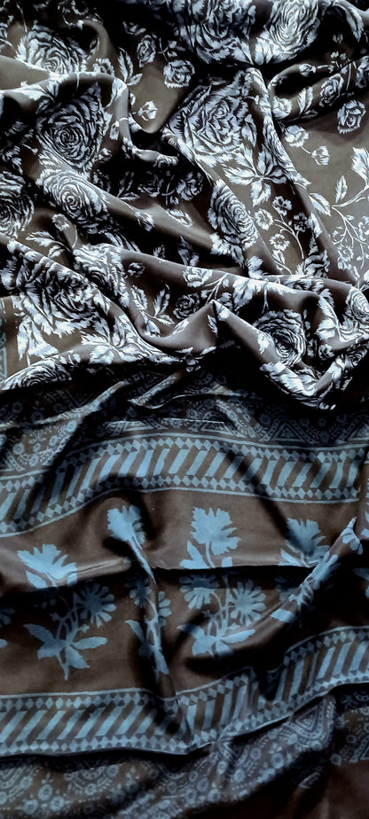 Black with Blue grey floral printed Pure Crepe Silk Saree