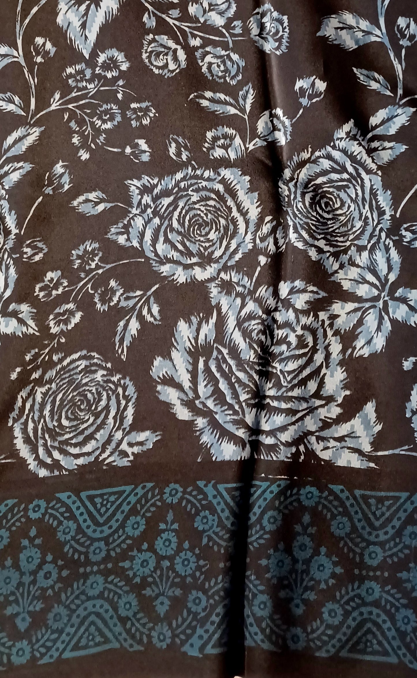 Black with Blue grey floral printed Pure Crepe Silk Saree