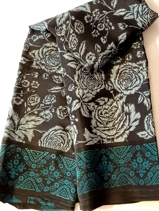 Black with Blue grey floral printed Pure Crepe Silk Saree