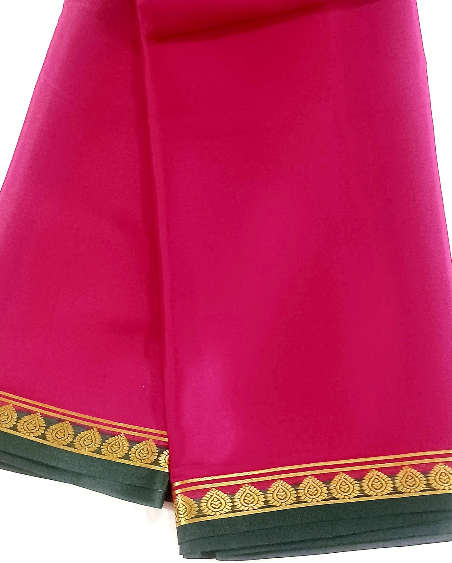 Rani Pink with Dark Green border Pure Silk Pure Zari Mysore Crepe Saree