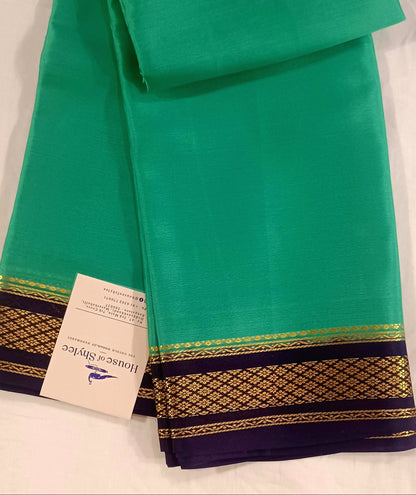 Light rama green with Dark brown border Pure Silk Pure Zari Mysore Crepe Saree