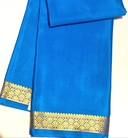 Dark Sky Blue Pure Silk Pure Zari Mysore Crepe Saree