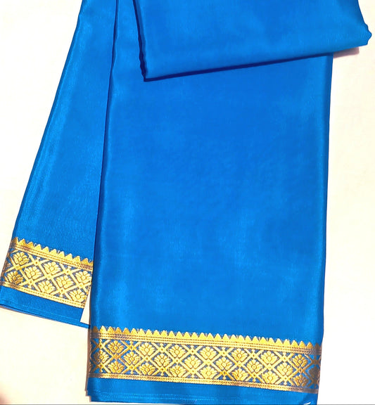 Dark Sky Blue Pure Silk Pure Zari Mysore Crepe Saree