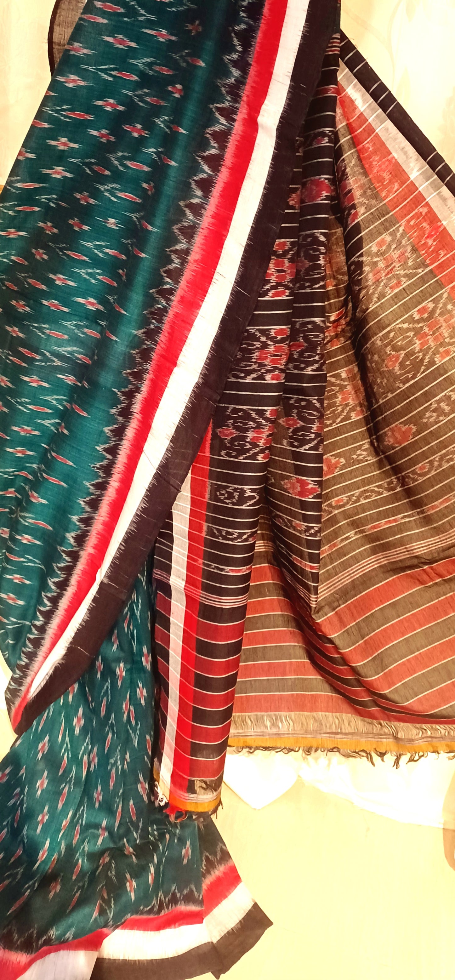 Dark green with Black Orissa Ikkat Tie and Dye Cotton Saree
