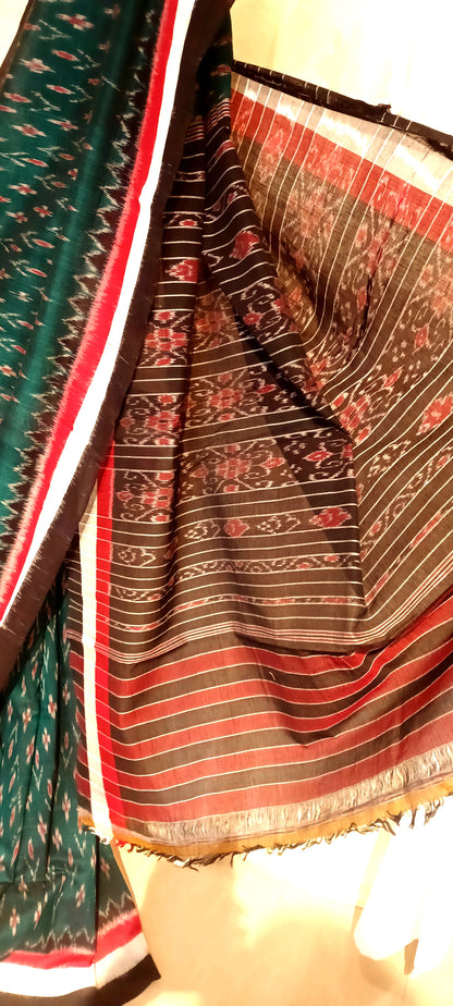 Dark green with Black Orissa Ikkat Tie and Dye Cotton Saree