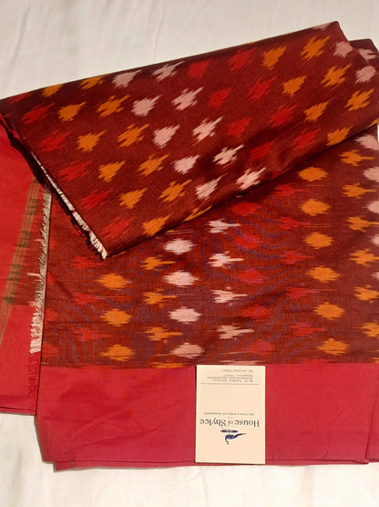 Dark Maroon with red Pochampally Ikkat Tie and Dye Cotton Saree