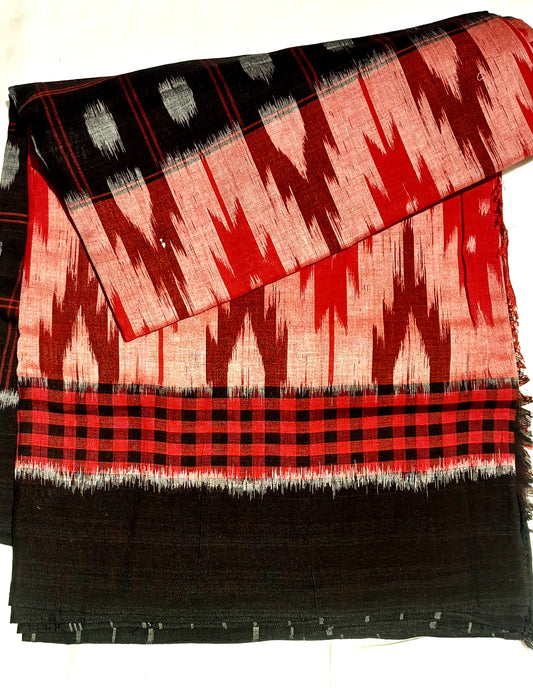 Red with Black Orissa Ikkat Tie and Dye Cotton Saree