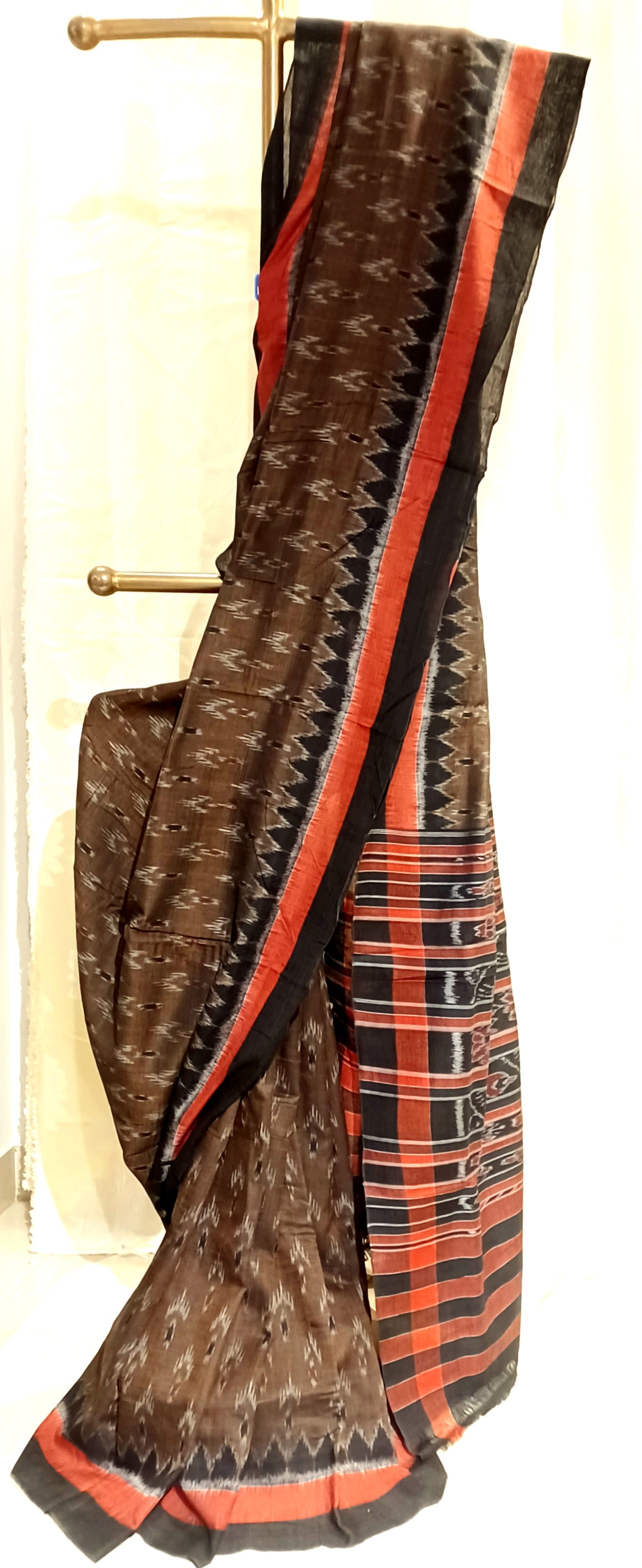 Brown with Black Orissa Ikkat Tie and Dye Cotton Saree