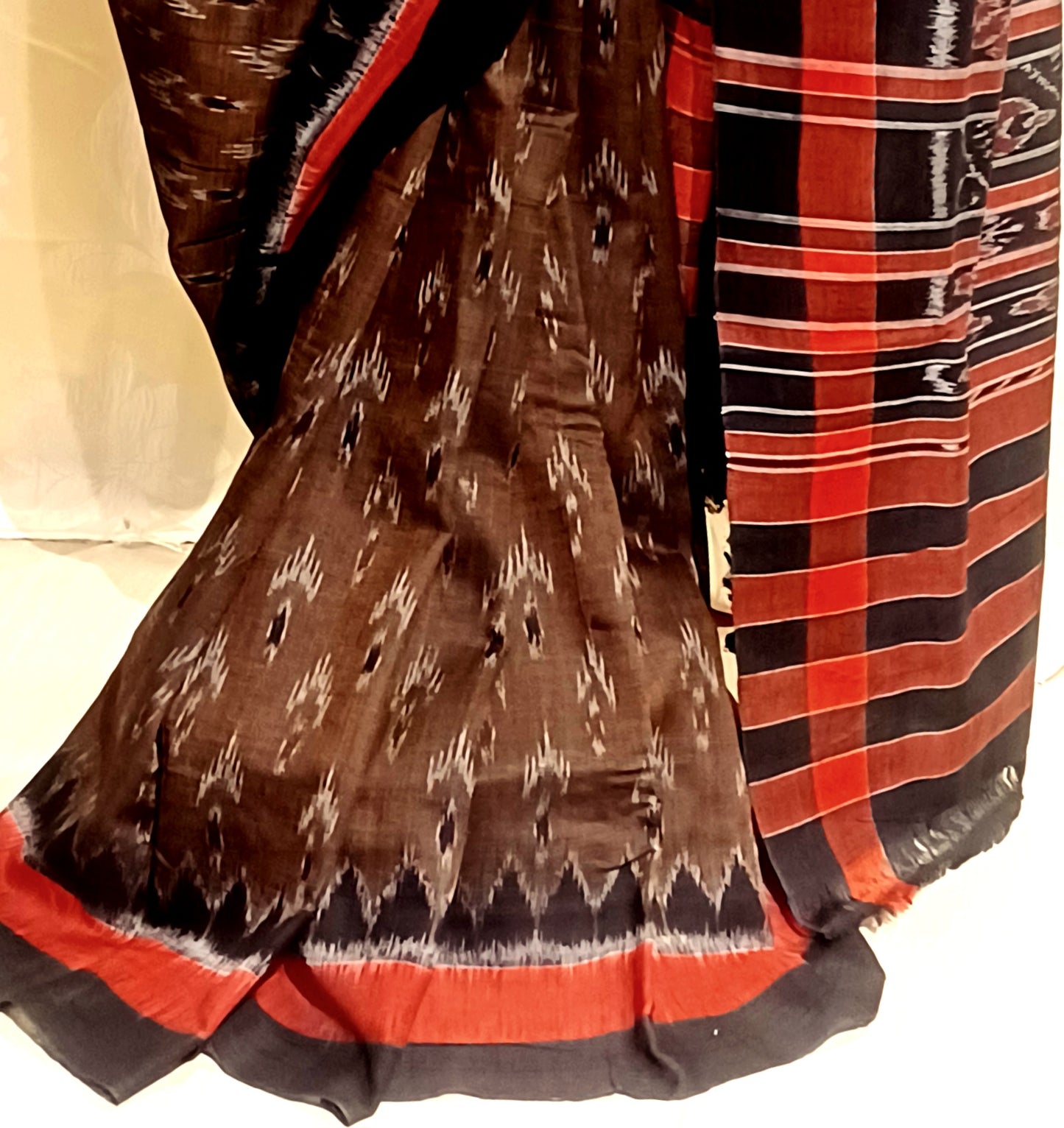 Brown with Black Orissa Ikkat Tie and Dye Cotton Saree