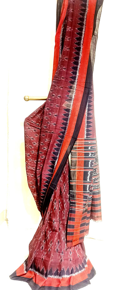 Deep maroon with Black Orissa Ikkat Tie and Dye Cotton Saree