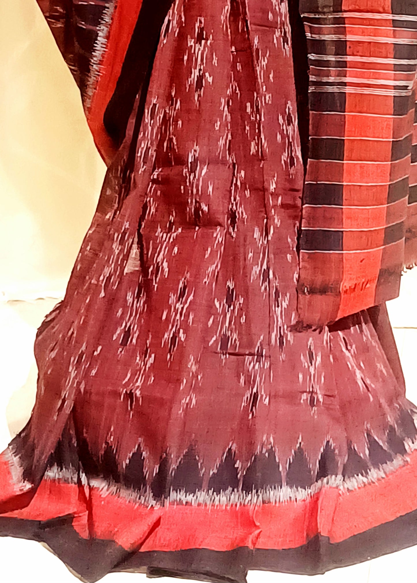 Deep maroon with Black Orissa Ikkat Tie and Dye Cotton Saree