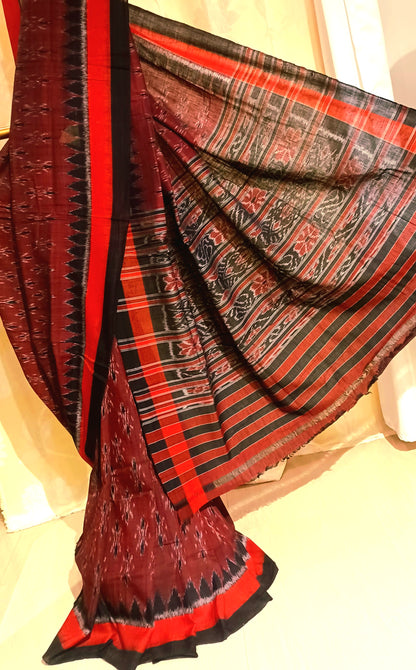 Deep maroon with Black Orissa Ikkat Tie and Dye Cotton Saree