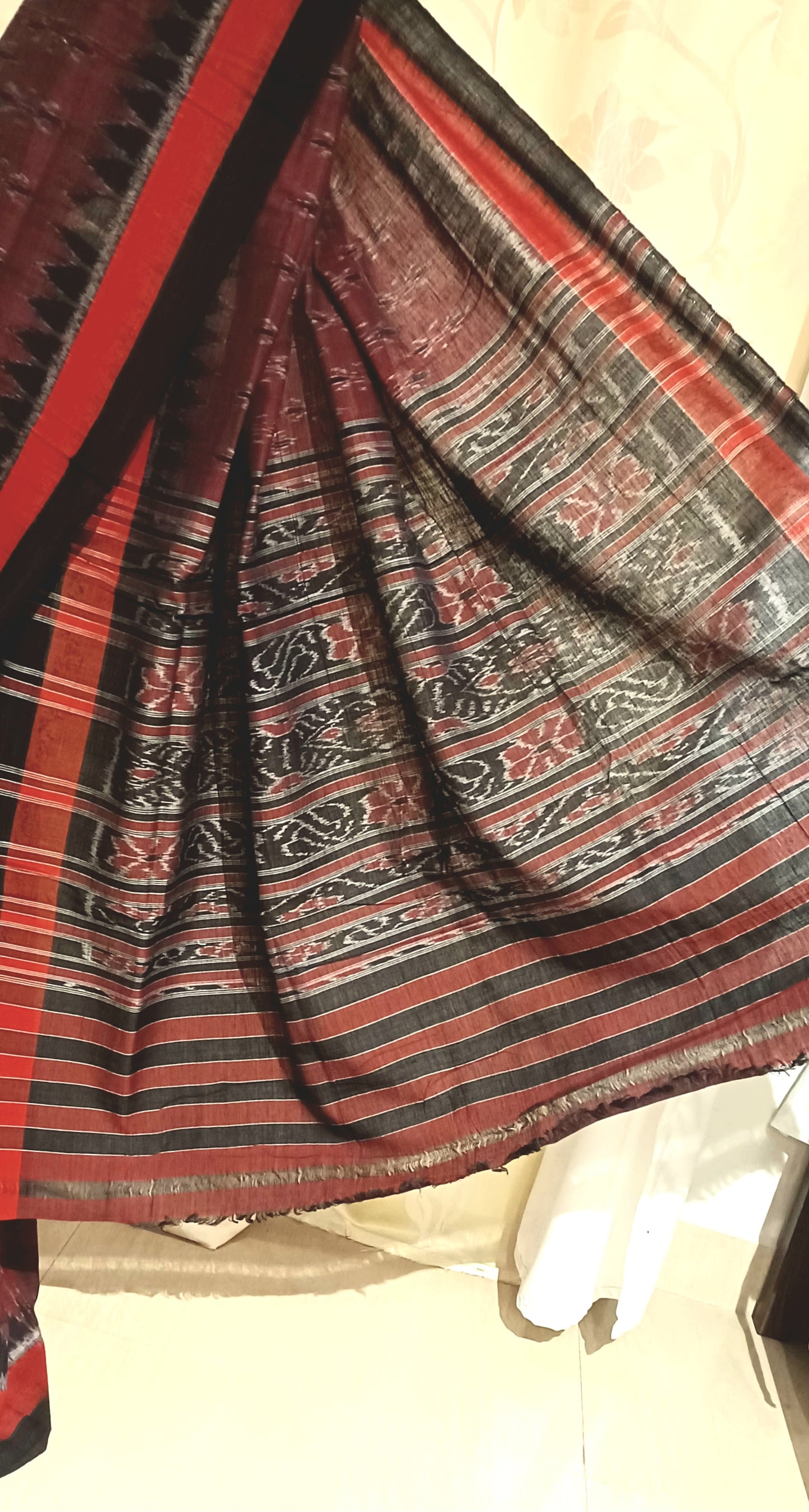 Brown with Black Orissa Ikkat Tie and Dye Cotton Saree