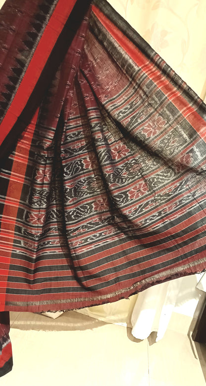 Brown with Black Orissa Ikkat Tie and Dye Cotton Saree