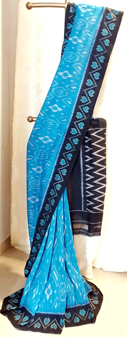Blue and black Pochampally Ikkat Tie and Dye Cotton Saree